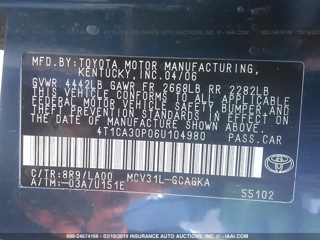 4T1CA30P06U104980 - 2006 TOYOTA CAMRY SOLARA SE/SLE BLUE photo 9