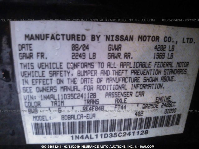 1N4AL11D35C241128 - 2005 NISSAN ALTIMA S/SL BLUE photo 9