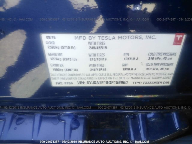 5YJSA1E18GF156960 - 2016 TESLA MODEL S Մուգ կապույտ լուսանկար 9