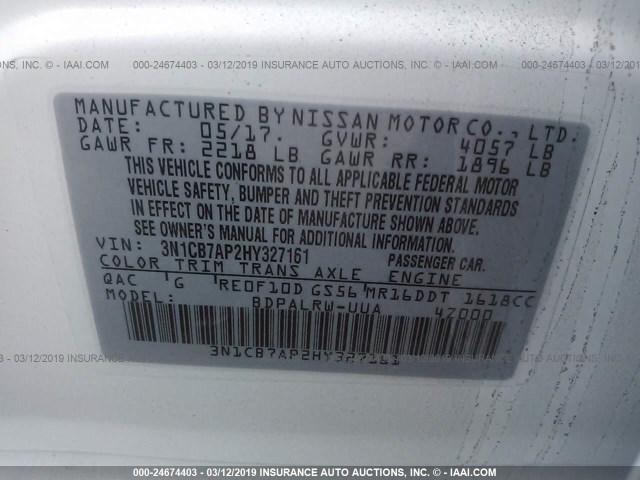 3N1CB7AP2HY327161 - 2017 NISSAN SENTRA SR TURBO/NISMO WHITE photo 9