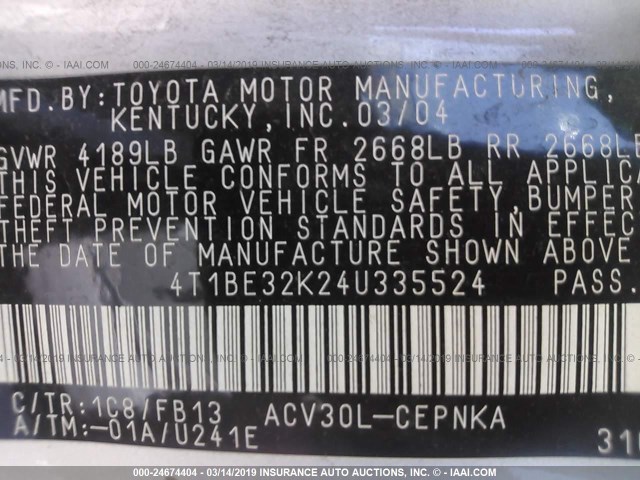4T1BE32K24U335524 - 2004 TOYOTA CAMRY LE/XLE/SE SILVER photo 9