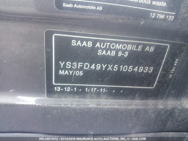 YS3FD49YX51054933 - 2005 SAAB 9-3 ARC GRAY photo 9