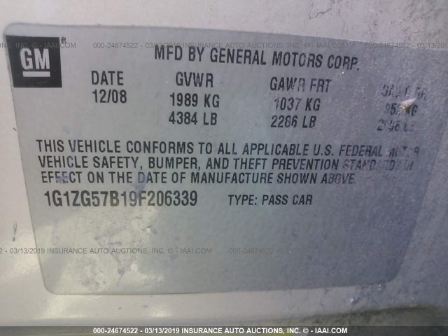 1G1ZG57B19F206339 - 2009 CHEVROLET MALIBU LS GOLD photo 9
