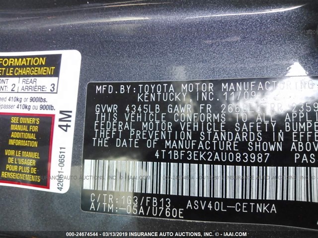 4T1BF3EK2AU083987 - 2010 TOYOTA CAMRY SE/LE/XLE 灰色 照片 9