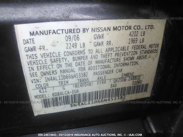 1N4AL11D66N453382 - 2006 NISSAN ALTIMA S/SL GRAY photo 9