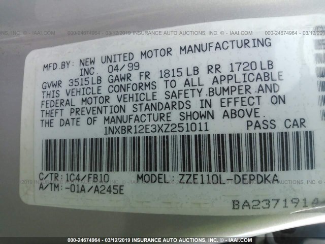 1NXBR12E3XZ251011 - 1999 TOYOTA COROLLA VE/CE/LE 银色 照片 9