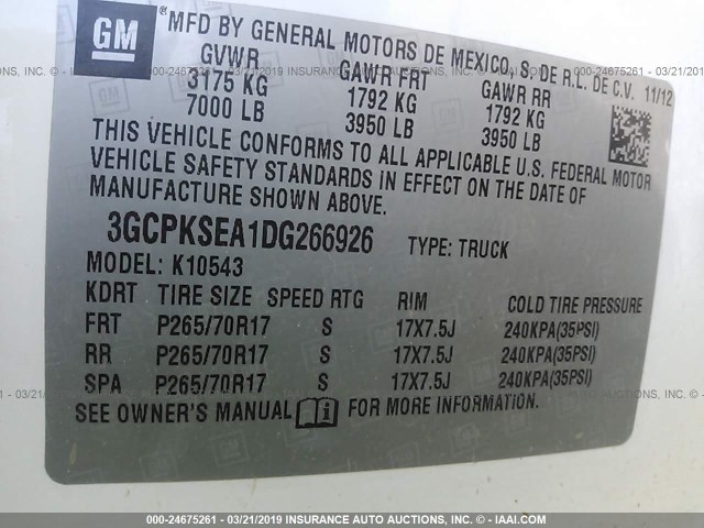 3GCPKSEA1DG266926 - 2013 CHEVROLET SILVERADO K1500 LT WHITE photo 9