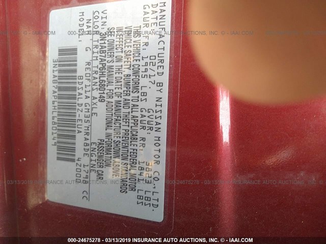 3N1AB7AP6HL680149 - 2017 NISSAN SENTRA S/SV/SR/SL წითელი ფოტო 9