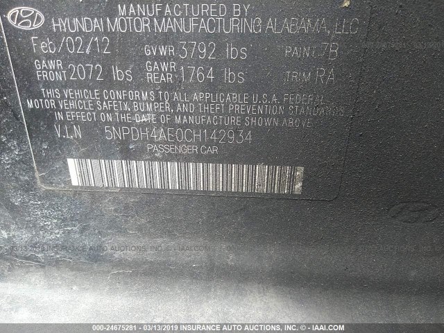 5NPDH4AE0CH142934 - 2012 HYUNDAI ELANTRA GLS/LIMITED BLACK photo 9