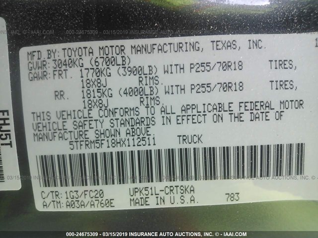 5TFRM5F18HX112511 - 2017 TOYOTA TUNDRA DOUBLE CAB SR/SR5 GRAY photo 9