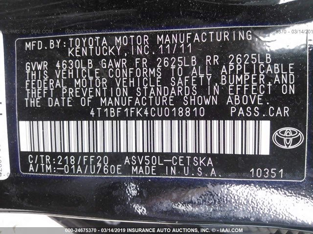 4T1BF1FK4CU018810 - 2012 TOYOTA CAMRY SE/LE/XLE BLACK photo 9