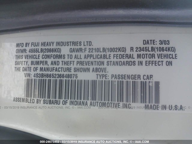 4S3BH665236648075 - 2003 SUBARU LEGACY OUTBACK WHITE photo 9