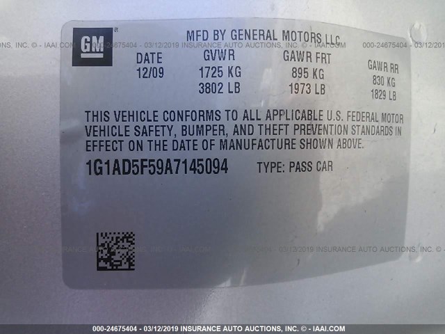 1G1AD5F59A7145094 - 2010 CHEVROLET COBALT 1LT SILVER photo 9