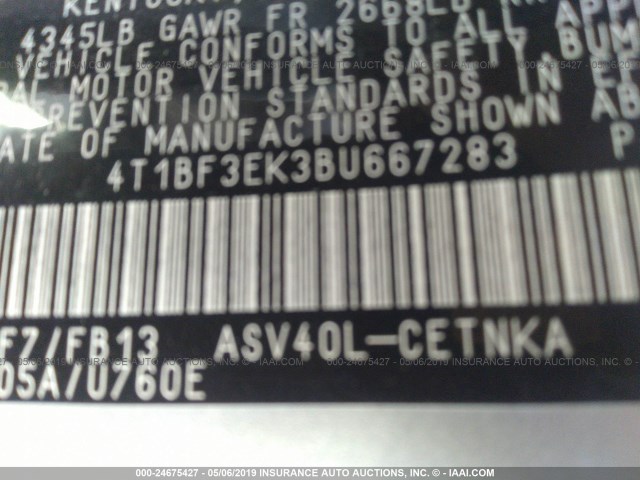 4T1BF3EK3BU667283 - 2011 TOYOTA CAMRY SE/LE/XLE 银色 照片 9