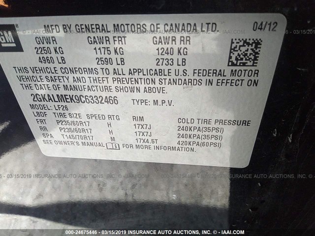 2GKALMEK9C6332466 - 2012 GMC TERRAIN SLE BLACK photo 9