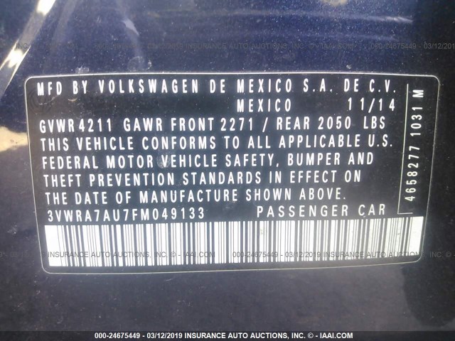 3VWRA7AU7FM049133 - 2015 VOLKSWAGEN GOLF TDI BLUE photo 9