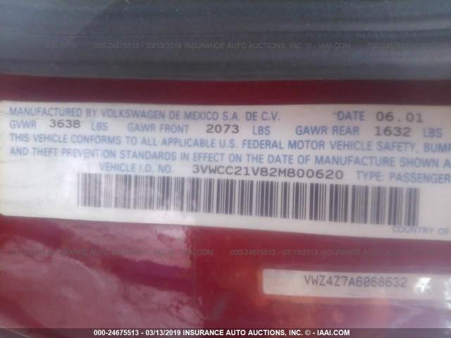 3VWCC21V82M800620 - 2002 VOLKSWAGEN CABRIO GLS RED photo 9