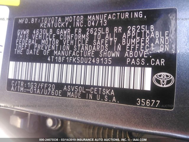 4T1BF1FK5DU249135 - 2013 TOYOTA CAMRY L/SE/LE/XLE 灰色 照片 9