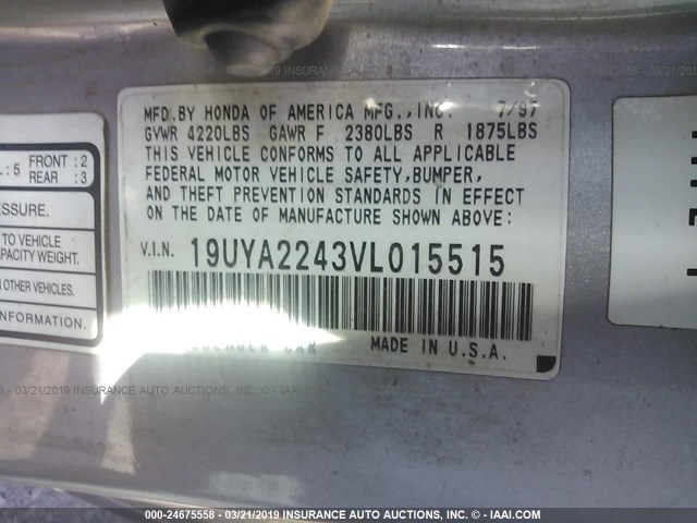 19UYA2243VL015515 - 1997 ACURA 3.0CL SILVER photo 9