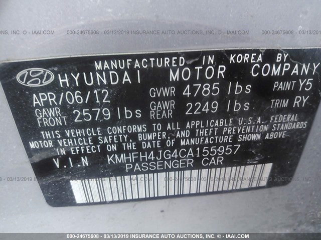 KMHFH4JG4CA155957 - 2012 HYUNDAI AZERA GLS/LIMITED SILVER photo 9