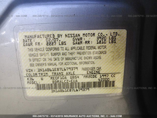 3N1AB61E87L679379 - 2007 NISSAN SENTRA 2.0/2.0S/2.0SL GRAY photo 9