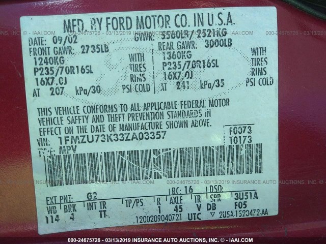 1FMZU73K33ZA03357 - 2003 FORD EXPLORER XLT/XLT SPORT/NBX Կարմիր լուսանկար 9