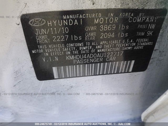 KMHDU4AD0AU122717 - 2010 HYUNDAI ELANTRA BLUE/GLS/SE WHITE photo 9