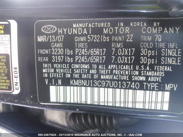 KM8NU13C97U013740 - 2007 HYUNDAI VERACRUZ GLS/SE/LIMITED BLACK photo 9