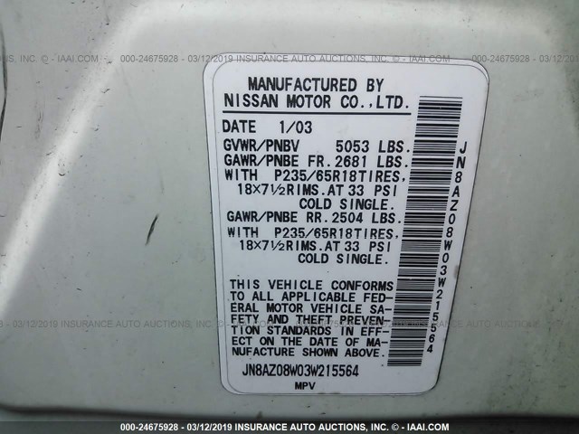 JN8AZ08W03W215564 - 2003 NISSAN MURANO SL/SE WHITE photo 9