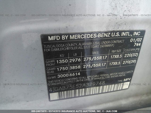 4JGAB75E52A329748 - 2002 MERCEDES-BENZ ML 500 SILVER photo 9