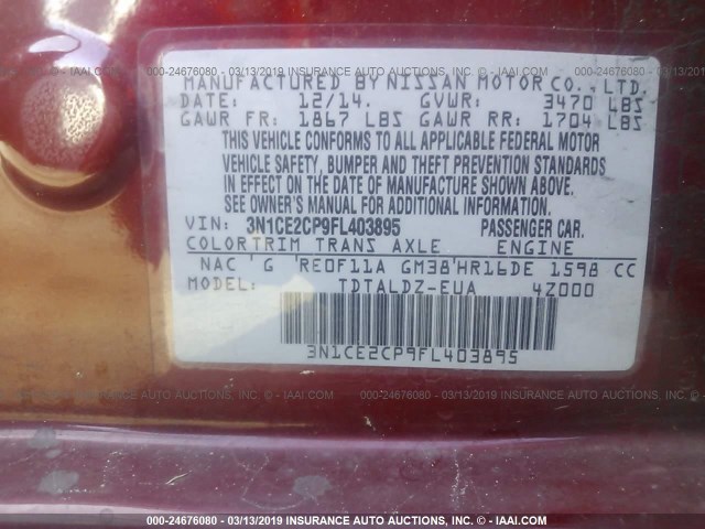 3N1CE2CP9FL403895 - 2015 NISSAN VERSA NOTE S/S PLUS/SV/SL/SR RED photo 9