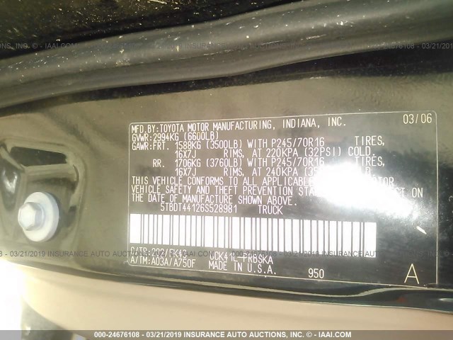 5TBDT44126S528981 - 2006 TOYOTA TUNDRA DOUBLE CAB SR5 BLACK photo 9