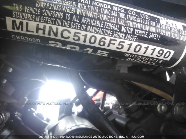 MLHNC5106F5101190 - 2015 HONDA CBR300 R BLACK photo 10
