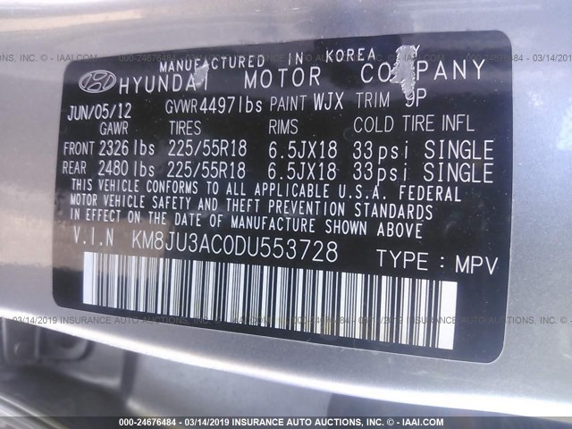 KM8JU3AC0DU553728 - 2013 HYUNDAI TUCSON GLS/LIMITED SILVER photo 9