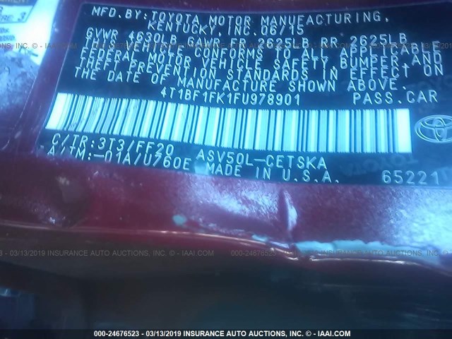 4T1BF1FK1FU978901 - 2015 TOYOTA CAMRY LE/XLE/SE/XSE წითელი ფოტო 9