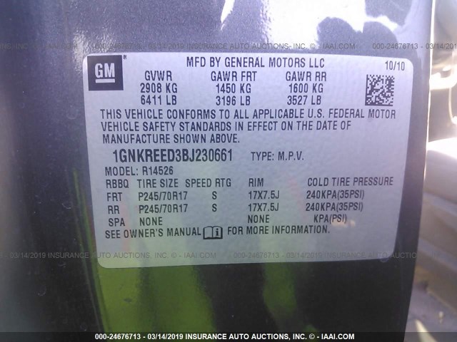 1GNKREED3BJ230661 - 2011 CHEVROLET TRAVERSE LS GRAY photo 9