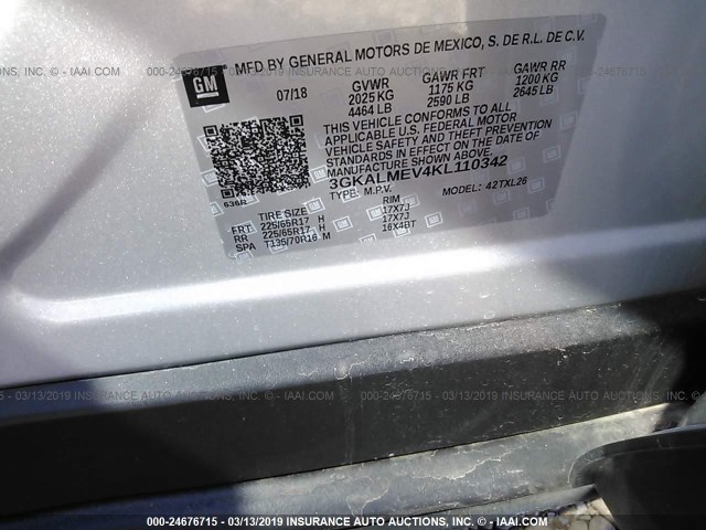 3GKALMEV4KL110342 - 2019 GMC TERRAIN SLE SILVER photo 9