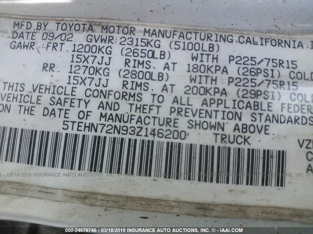 5TEHN72N93Z146200 - 2003 TOYOTA TACOMA DOUBLE CAB 银色 照片 9