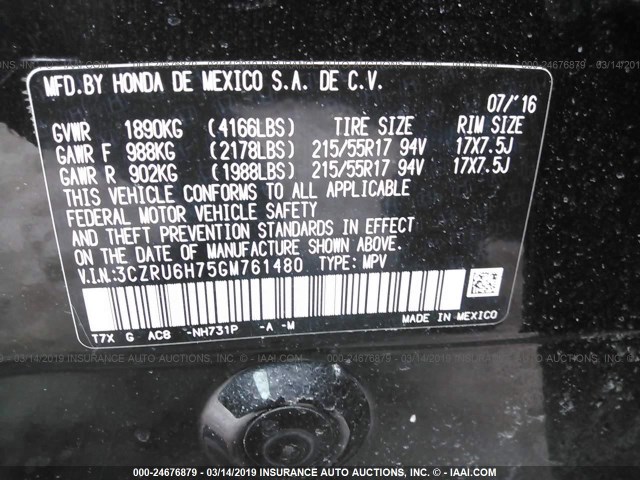 3CZRU6H75GM761480 - 2016 HONDA HR-V EXL BLACK photo 9