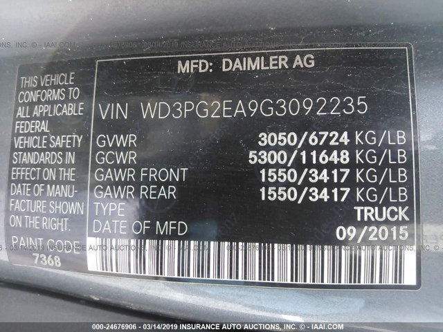 WD3PG2EA9G3092235 - 2016 MERCEDES-BENZ METRIS GRAY photo 9