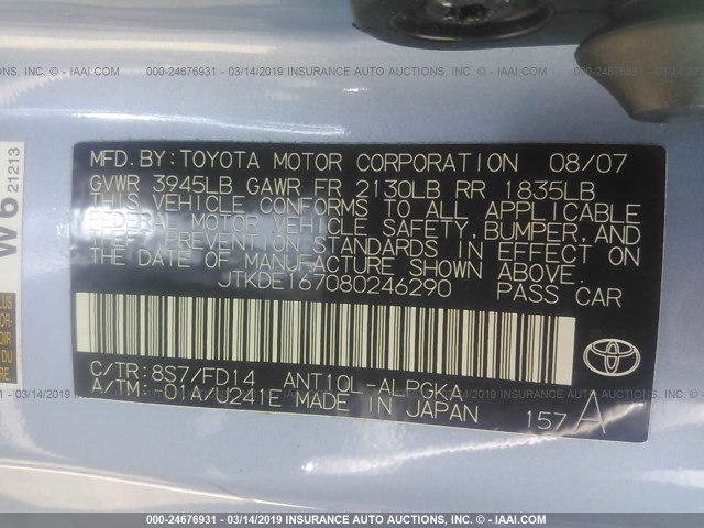 JTKDE167080246290 - 2008 TOYOTA SCION TC BLUE photo 9