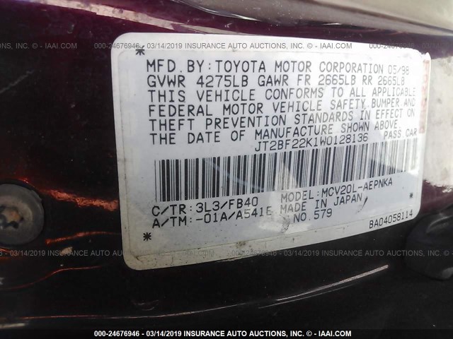 JT2BF22K1W0128136 - 1998 TOYOTA CAMRY CE/LE/XLE BURGUNDY photo 9