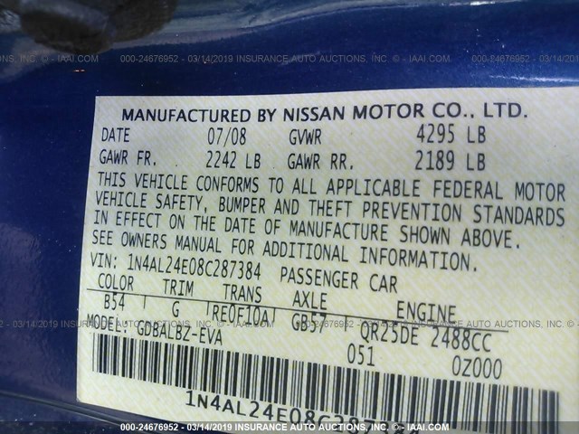 1N4AL24E08C287384 - 2008 NISSAN ALTIMA 2.5S BLUE photo 9