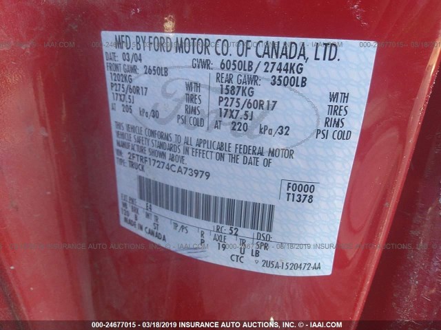 2FTRF17274CA73979 - 2004 FORD F-150 HERITAGE CLASSIC RED photo 9