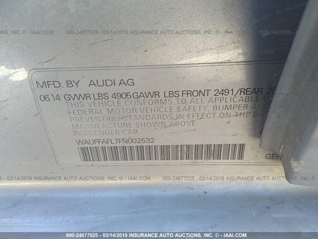 WAUFFAFL7FN002532 - 2015 AUDI A4 PREMIUM PLUS SILVER photo 9