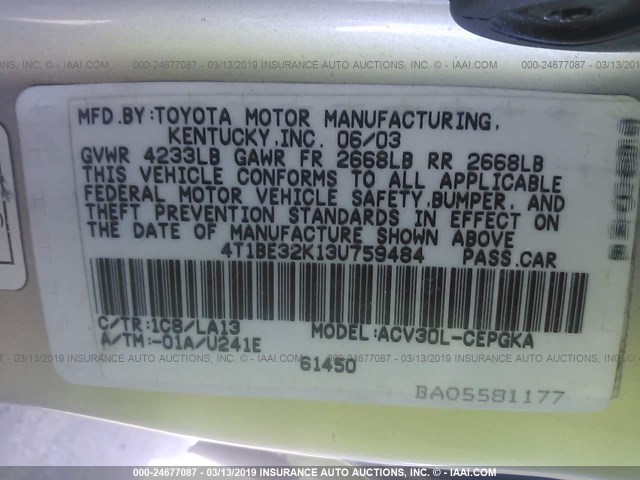 4T1BE32K13U759484 - 2003 TOYOTA CAMRY LE/XLE/SE SILVER photo 9