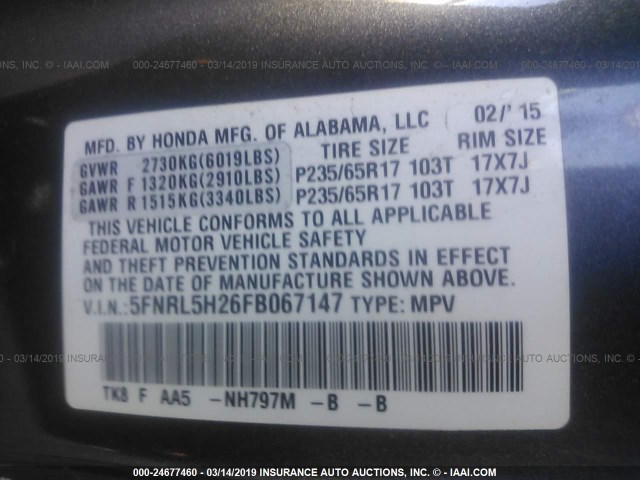 5FNRL5H26FB067147 - 2015 HONDA ODYSSEY LX GRAY photo 9