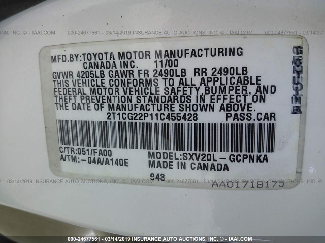 2T1CG22P11C455428 - 2001 TOYOTA CAMRY SOLARA SE WHITE photo 9