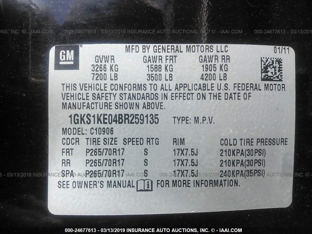 1GKS1KE04BR259135 - 2011 GMC YUKON XL C1500 SLT BLACK photo 9