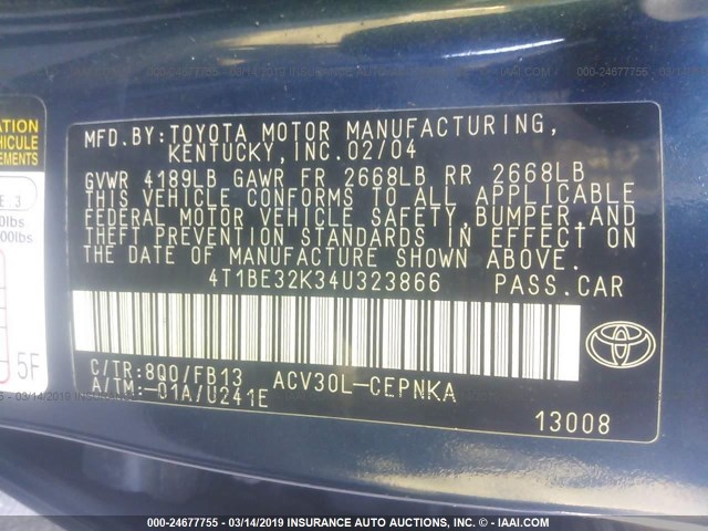 4T1BE32K34U323866 - 2004 TOYOTA CAMRY LE/XLE/SE BLUE photo 9